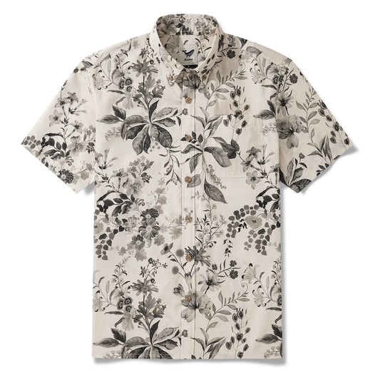 Men's Hawaiian Shirt Short Sleeve Button-down 100% Cotton Gray Aloha Vintage Countryside