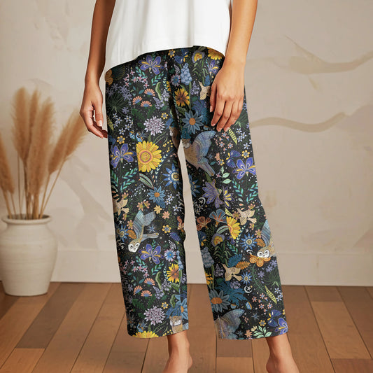 Women Casual Ankle Pants Lounge Elastic Waist with Pockets 93% Lyocell, 7% Linen Beige Aloha Owl's Secret Garden