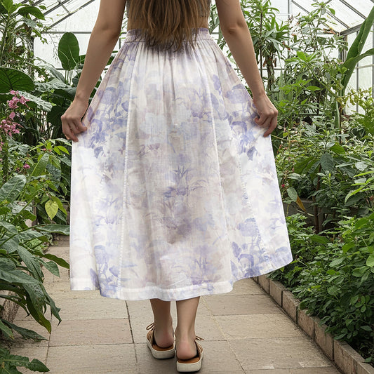 Women Casual Maxi Skirt Long Elastic Waist with Pockets 100% Cotton Purple Aloha Soft Haze Blossom