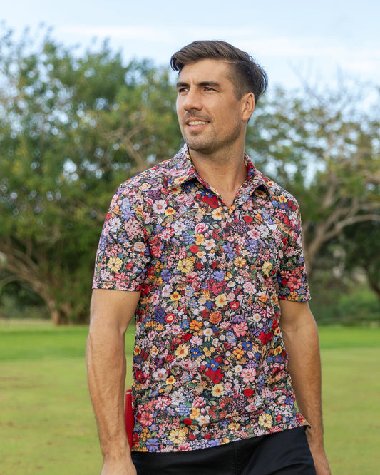 Men's Hawaiian Polo Shirt Among the Flowers Print Short Sleeve Golf Shirt Among The Flowers Polo