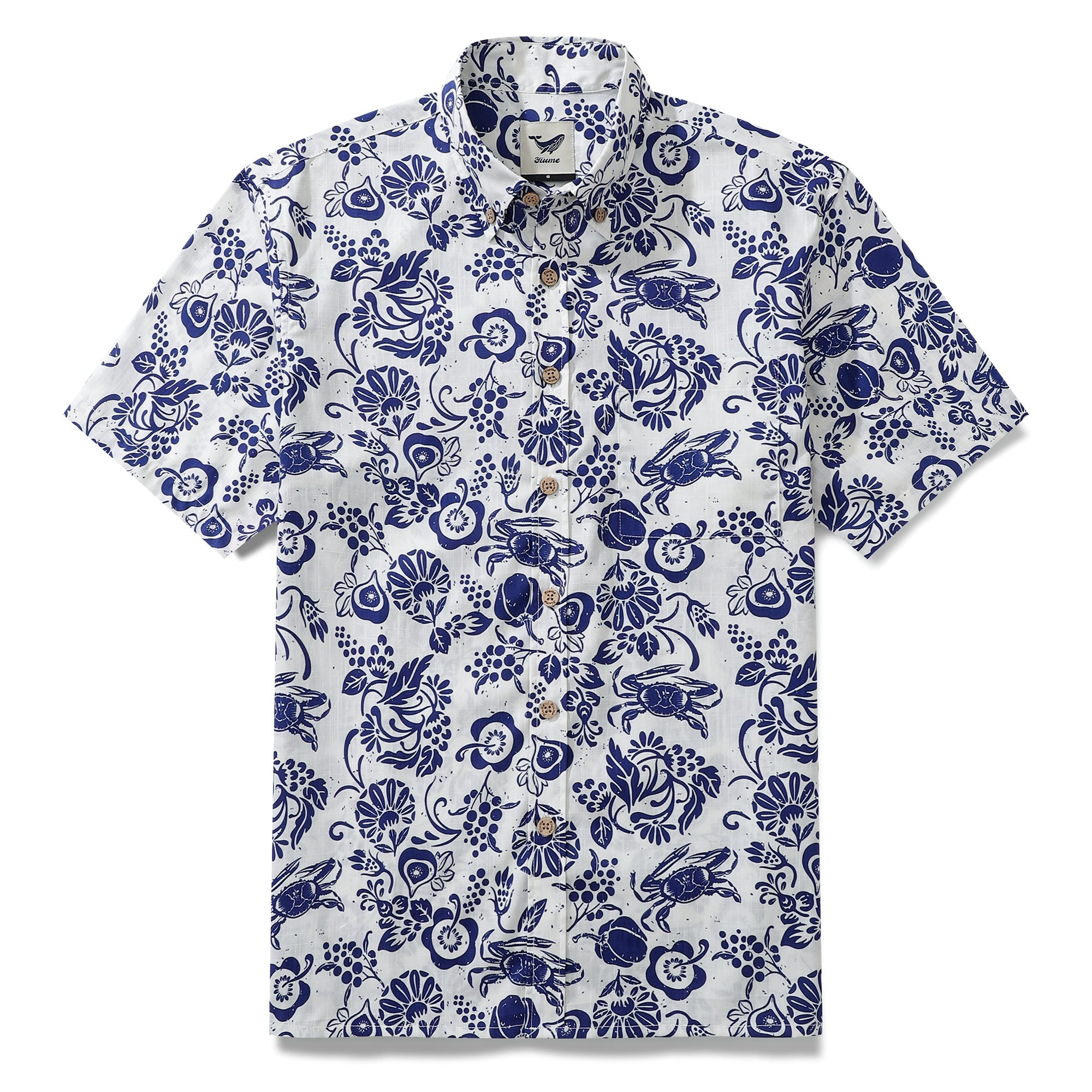 Yiume Men's Retro Hawaiian Shirt Blue Batik Style Shirt 100% Cotton Short Sleeve Button-Down Wrinkle Free Shirt