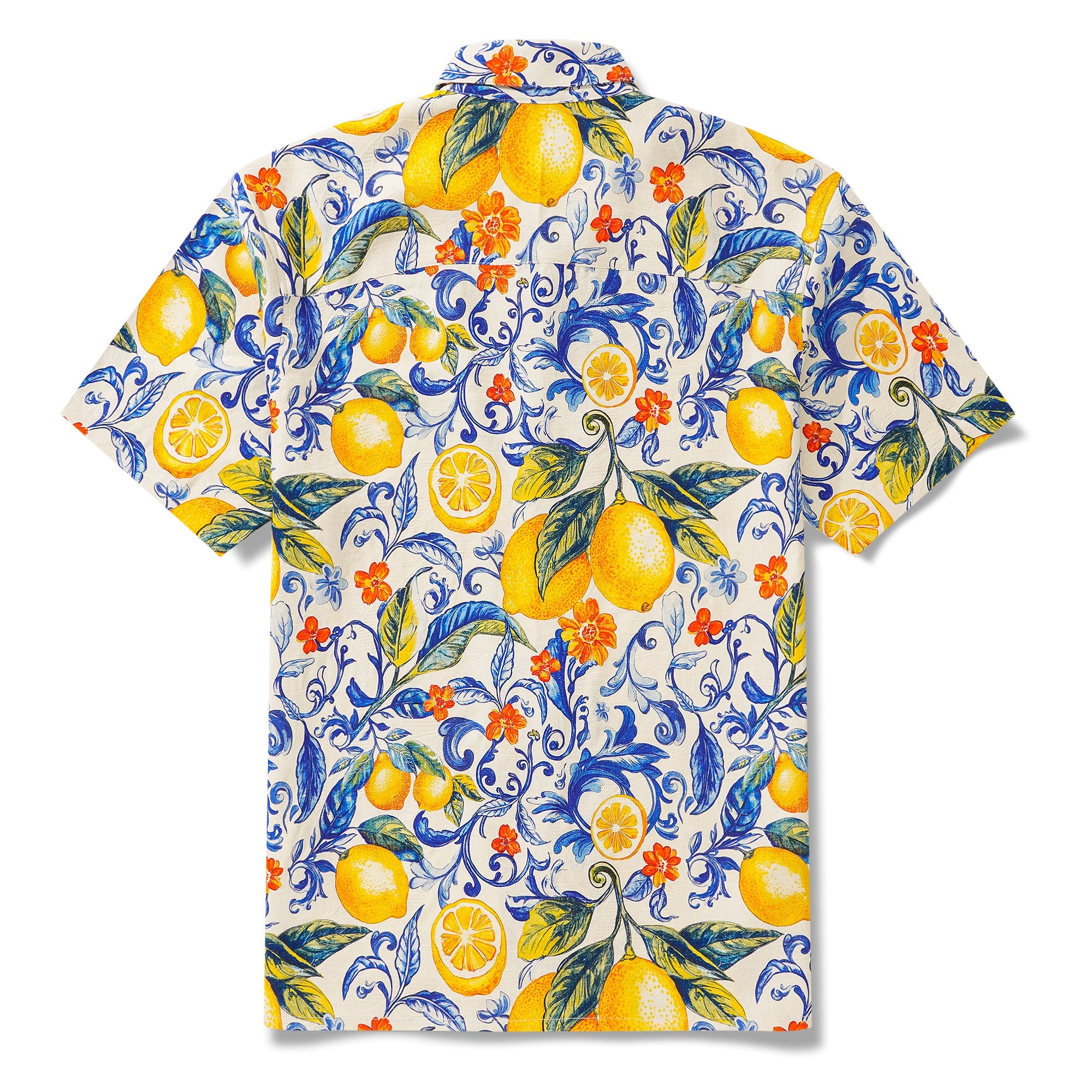 100% Silk Men's Hawaiian Shirt Short Sleeve Camp Collar 100% Silk Blue Aloha Sunlit Lemons