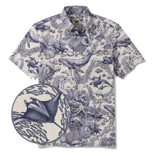 Men's Hawaiian shirt, blue ocean design, 100% cotton