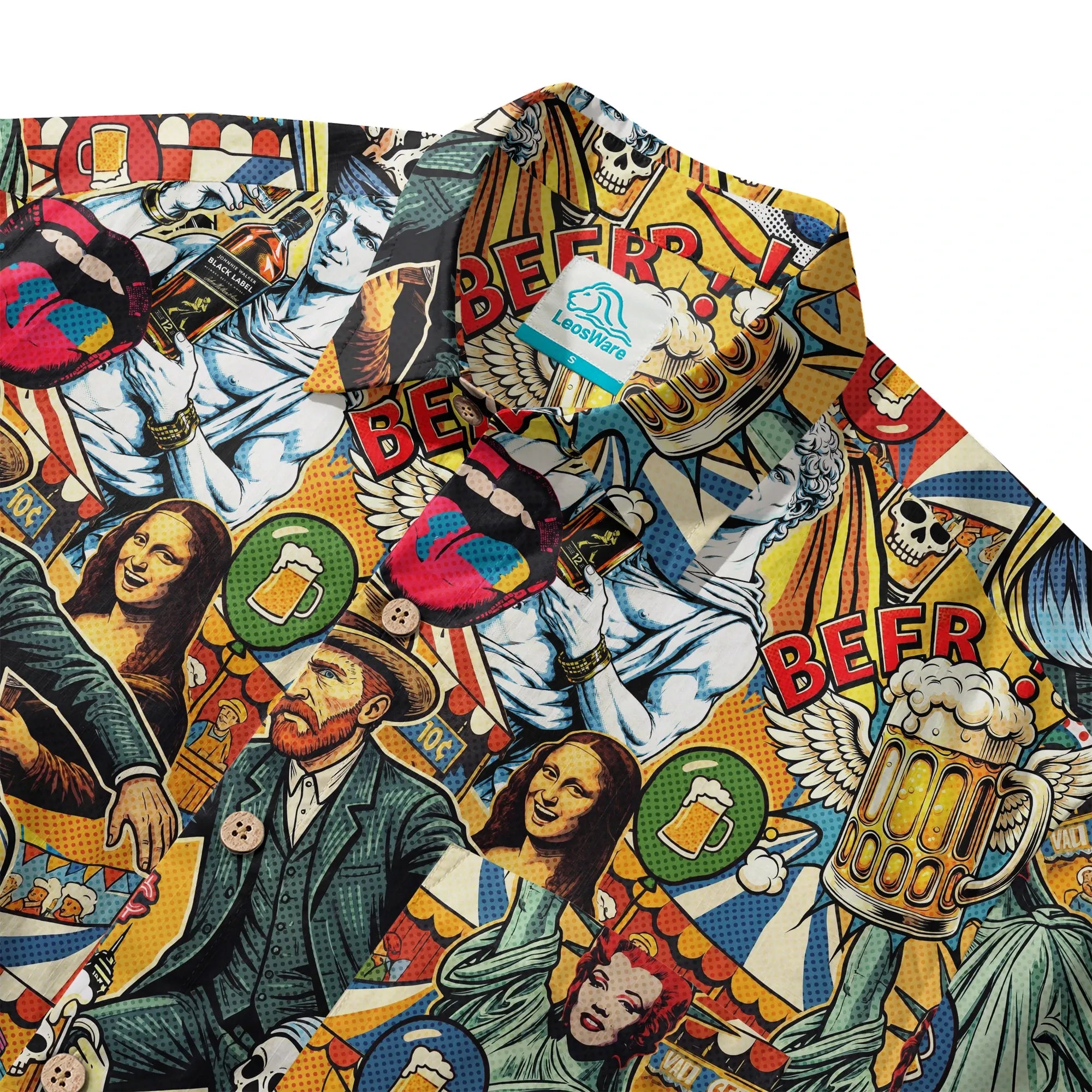 LeosWare men's shirt, green aloha art pop design