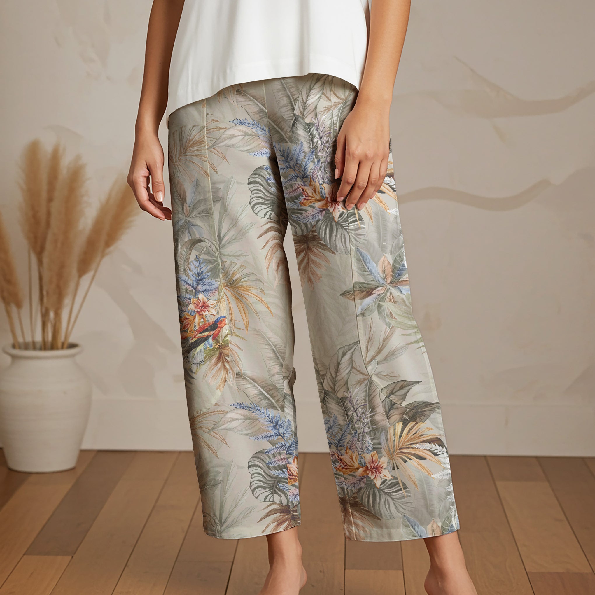 Women Casual Ankle Pants Lounge Elastic Waist with Pockets 93% Lyocell, 7% Linen Gray Aloha Tropical Paradise Scroll