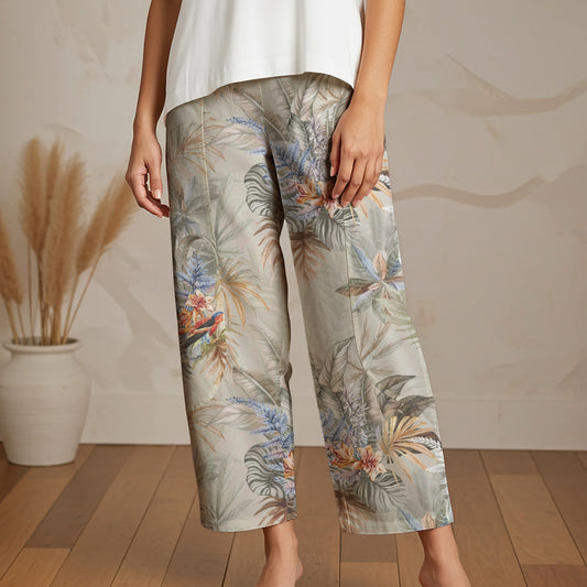 Women Casual Ankle Pants Lounge Elastic Waist with Pockets 93% Lyocell, 7% Linen Gray Aloha Tropical Paradise Scroll