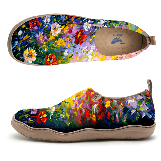 Side view of Floral Blue Women's Shoes with bird and flower design
