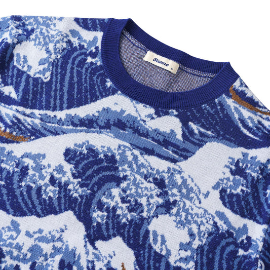 Close-up of Japanese Ukiyo-e design on men's sweater