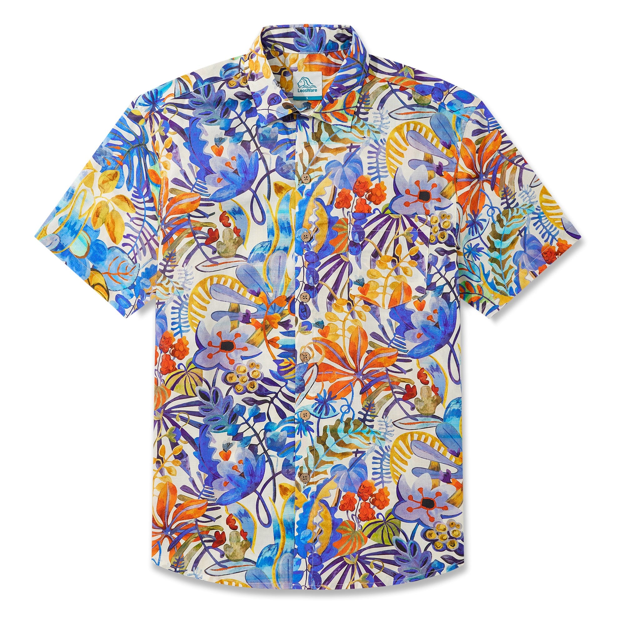 LeosWare® Men's Hawaiian Shirt Short Sleeve Button-up 100% Cotton Blue Aloha Tropical Floral Painting