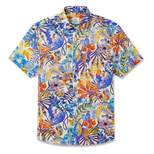 LeosWare Men's Hawaiian Shirt, blue tropical floral design