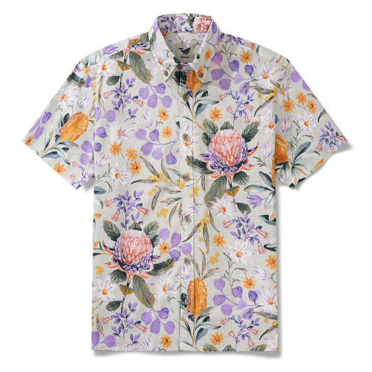 Bushwalk Floral Men's Shirt by Jayne Branchflower, 100% Cotton, Purple