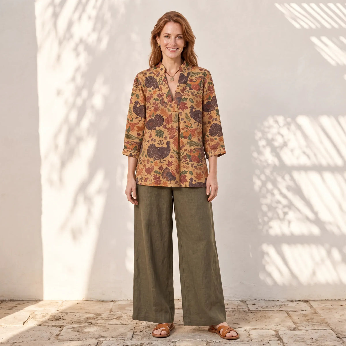 Thanksgiving Women's Blouse, autumn leaf print, yellow