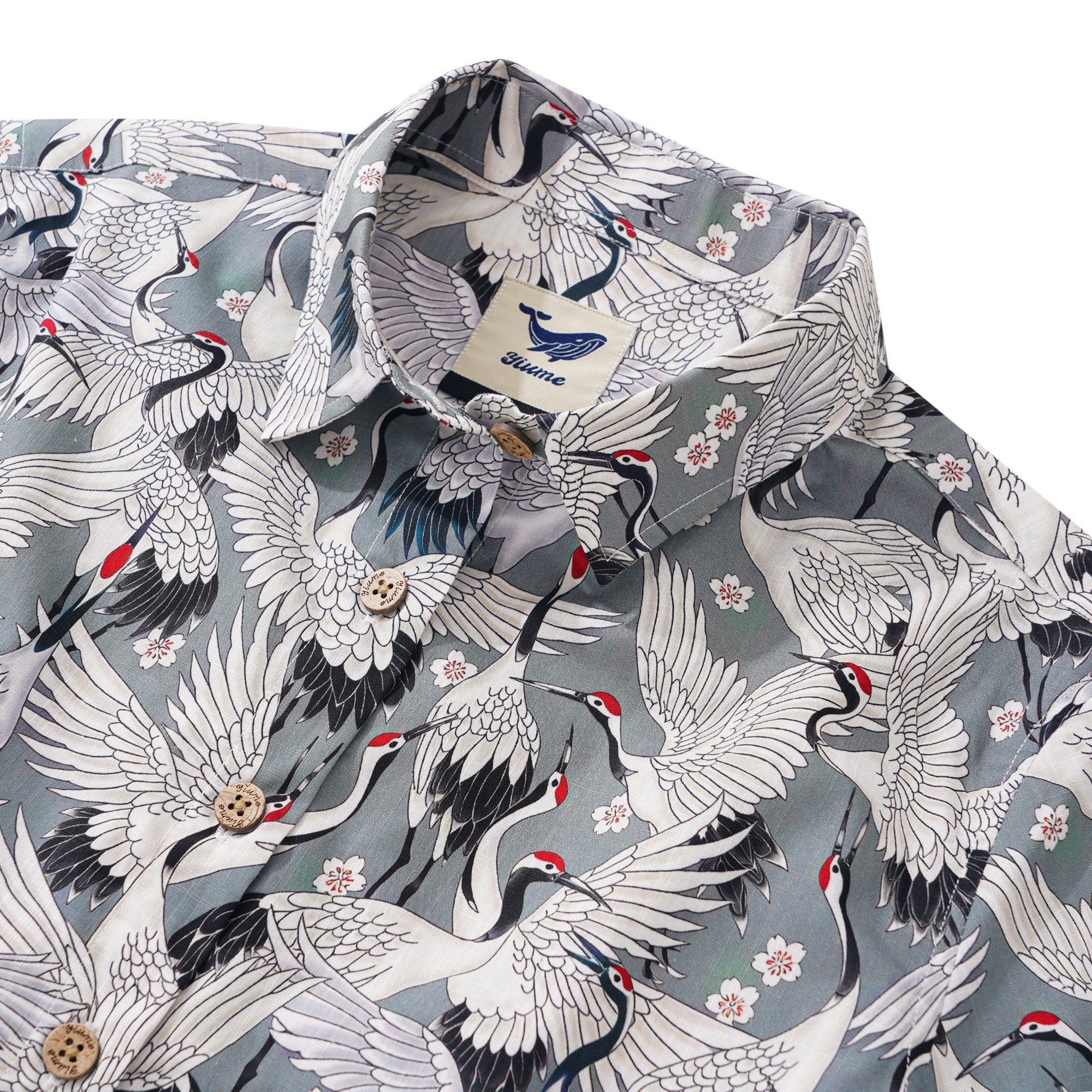 Women's Hawaiian Shirt Short Sleeve Button-up 100% Cotton Gray Aloha The Feast Of Cranes