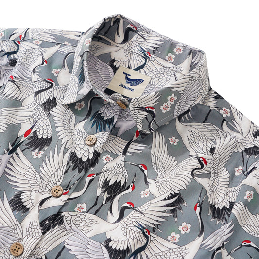 Women's Hawaiian Shirt Short Sleeve Button-up 100% Cotton Gray Aloha The Feast Of Cranes