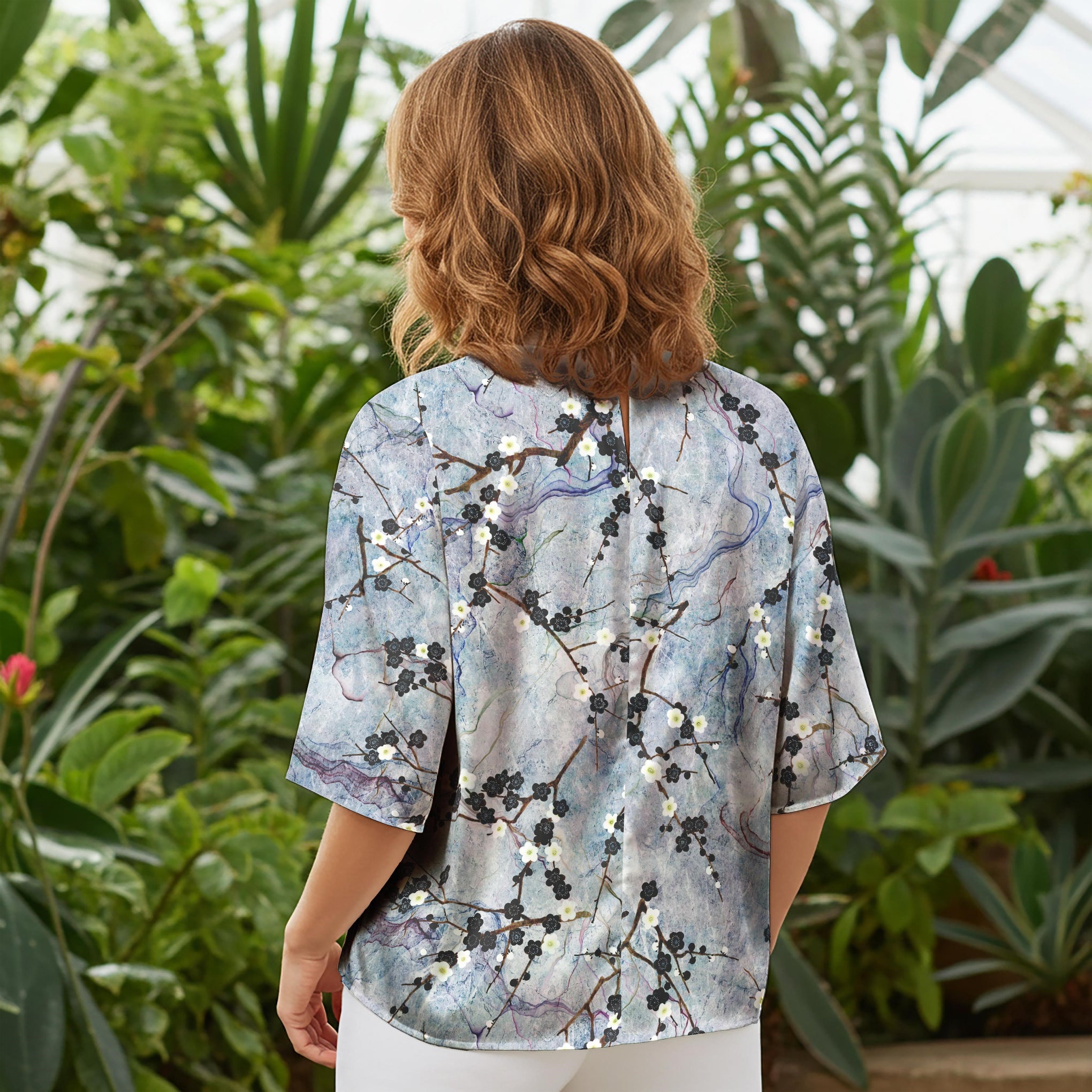 Women Casual Blouse Elbow Sleeve Round Neck Button-Back 100% Lyocell Blue Aloha Zen Plum Blossom Symphony