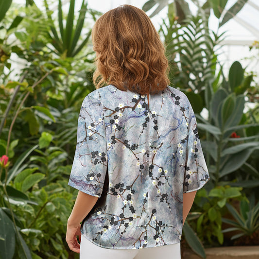 Women Casual Blouse Elbow Sleeve Round Neck Button-Back 100% Lyocell Blue Aloha Zen Plum Blossom Symphony