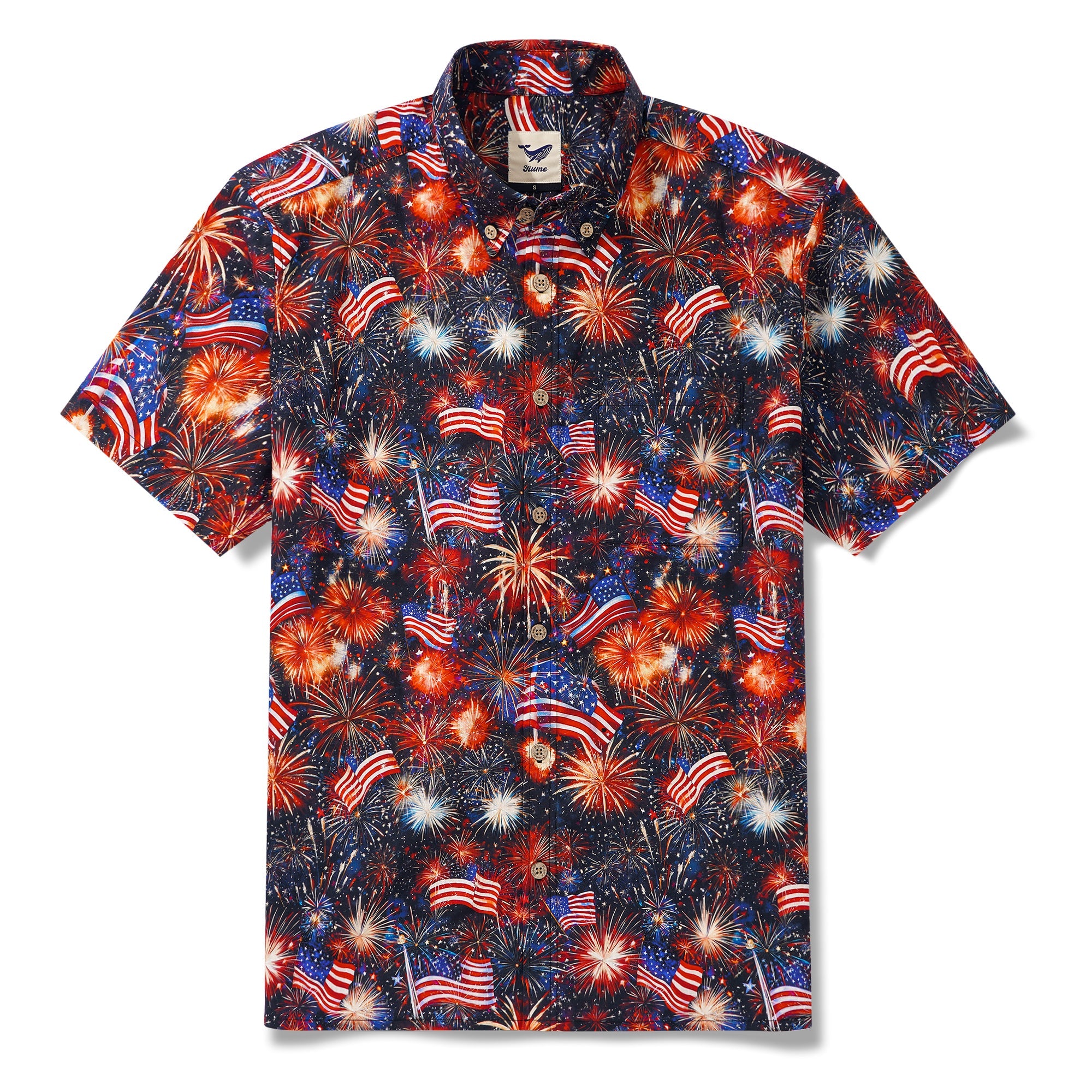 Herren Hawaiian Shirt Kurzarm Button-Down 100% Baumwolle Schwarz Aloha Patriotische Feuerwerke