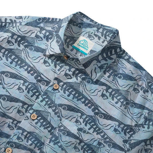 Back view of Blue Aloha Ink Wave Men's Hawaiian Shirt