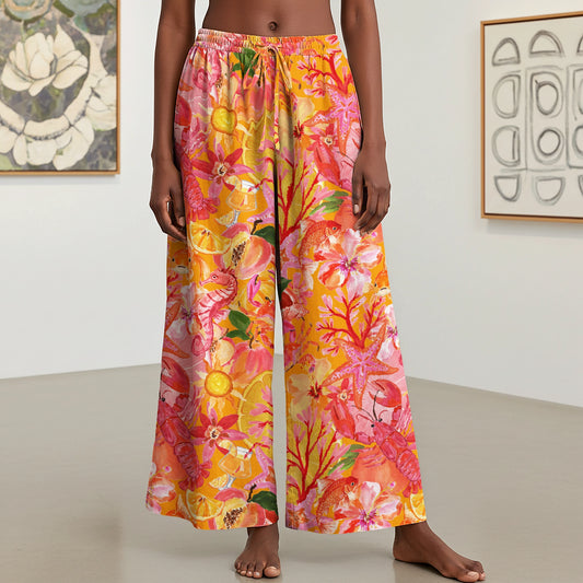 Women Casual Pants Lounge Elastic Waist Drawstring with Pockets 93% Lyocell, 7% Linen Orange Aloha Tropical Seaside Fiesta Print