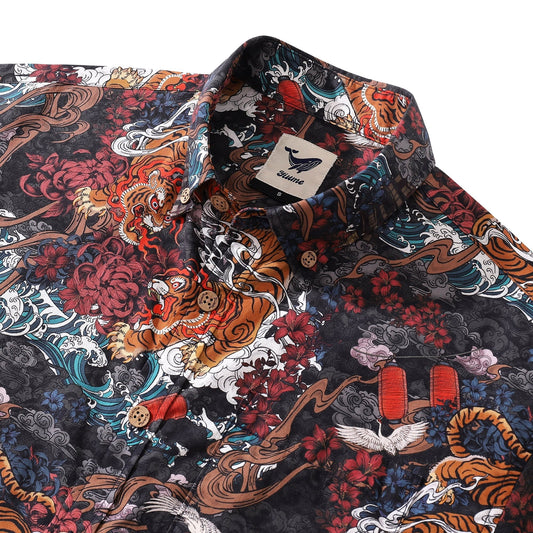 Men's Tiger Shirt 1950s Vintage Hawaiian Shirt For Men Short Sleeve Cotton Aloha Shirt Tiger In The Mist