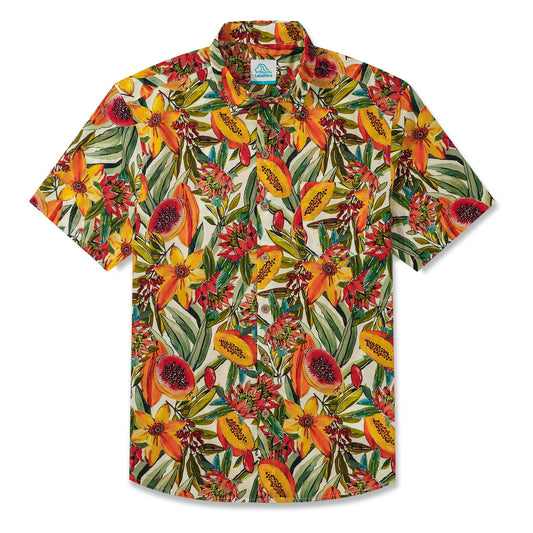 LeosWare® Men's Hawaiian Shirt Short Sleeve Button-up 100% Cotton Orange Aloha Tropical Fruit Bloom Spectacle