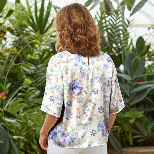 Women Casual Blouse Elbow Sleeve Round Neck Button-Back 100% Lyocell Blue Aloha Soft Blue Nocturne