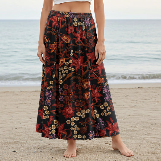 Women Casual Maxi Skirt Long Elastic Waist with Pockets 100% Cotton Red Aloha Dark Floral Legend