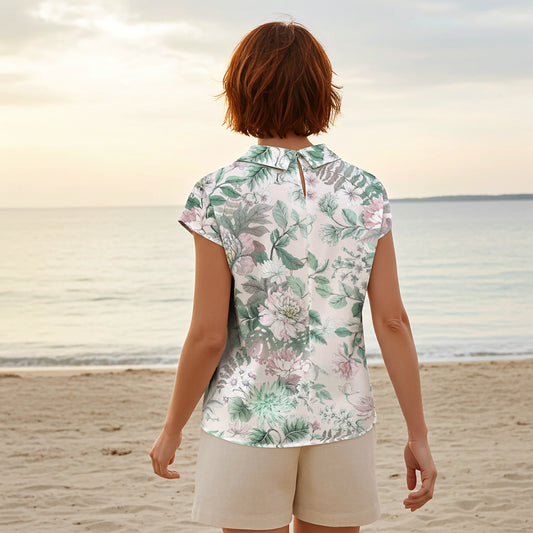 Women Casual Blouse Cap Sleeve Fold-Over Neck Button-Back 100% Lyocell Green Aloha Soft Floral Elegance