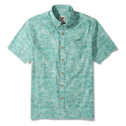 Men's Hawaiian Shirt Short Sleeve Button-down 100% Cotton Green Aloha Ripple Chronicles