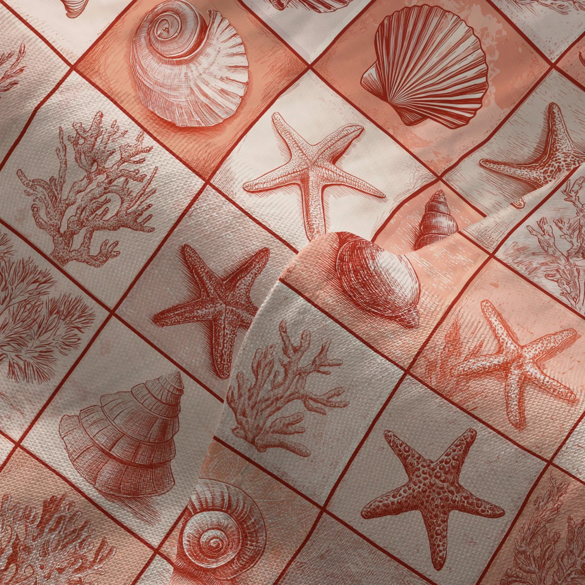 Close-up of fabric pattern on Aloha Coral Red Ocean Grid Pants