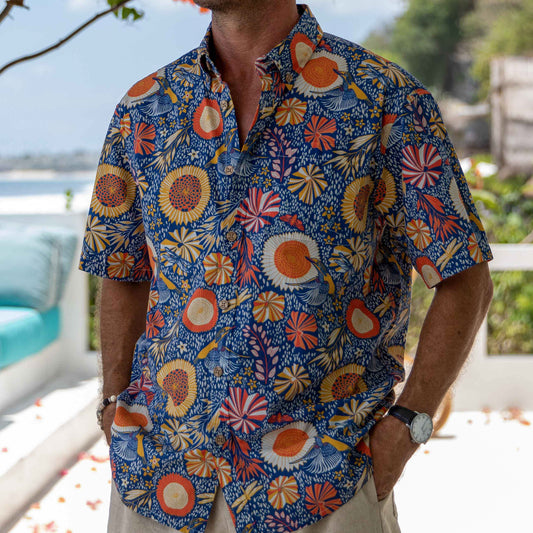 Camisa hawaiana para hombre de los años 60, camisa Aloha de manga corta con botones y estampado de flores y martín pescador vintage