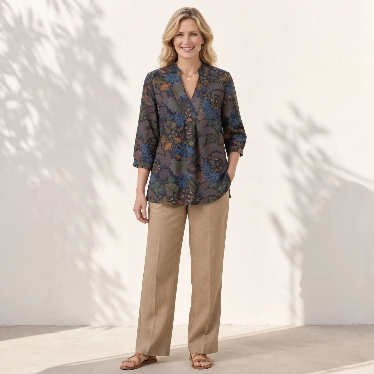Yiume Aloha Whispers Women's Blouse, green, floral motif, V-neck