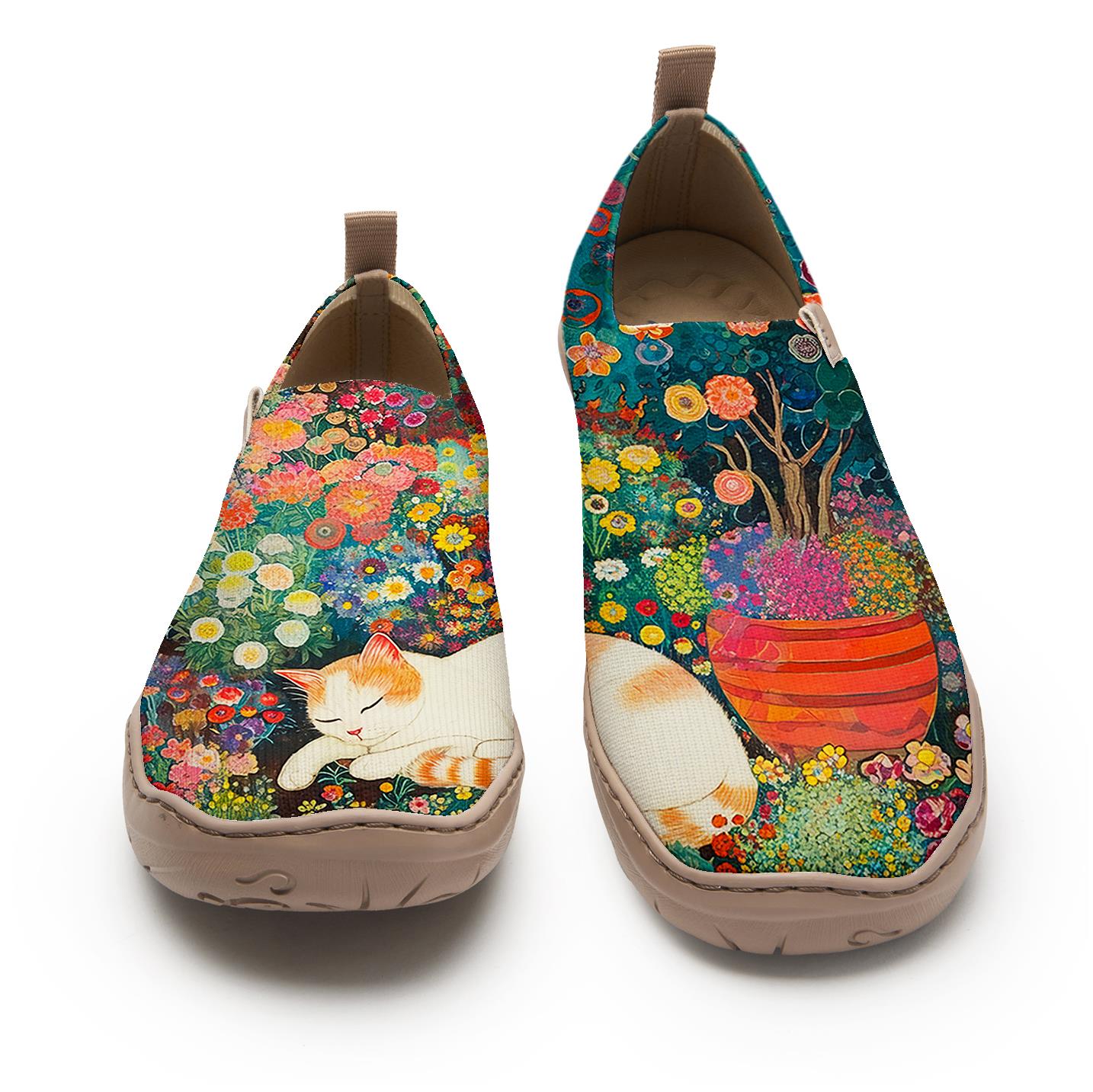Yiume Frauenkunst Slip-on-Schuhe bequeme atmungsaktive Strick-Freizeitschuhe, schnurren Blütenblätter grüne Blume Kitty Meadow