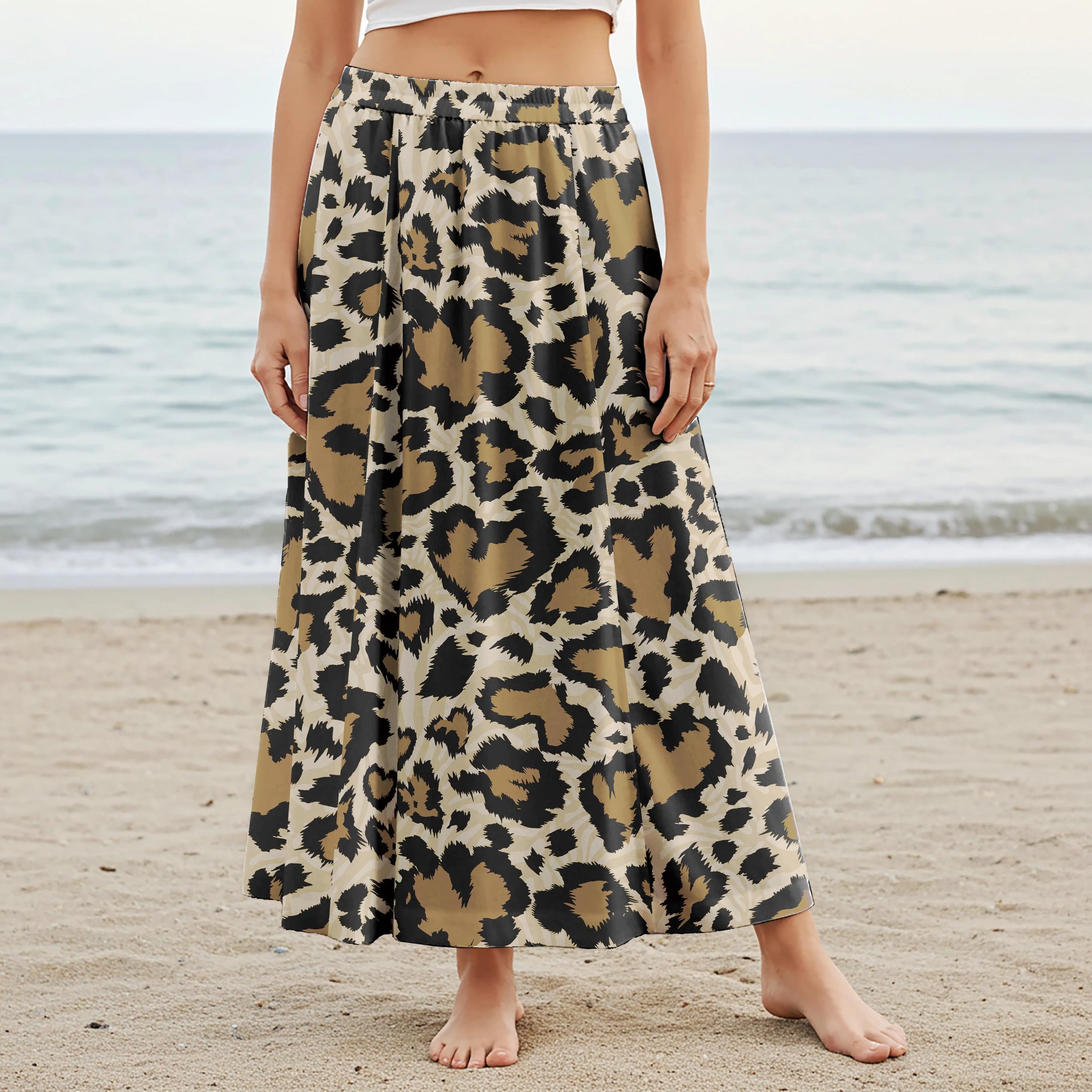 Women Casual Maxi Skirt Long Elastic Waist with Pockets 100% Cotton Black Aloha Leopard Wilderness Whisper