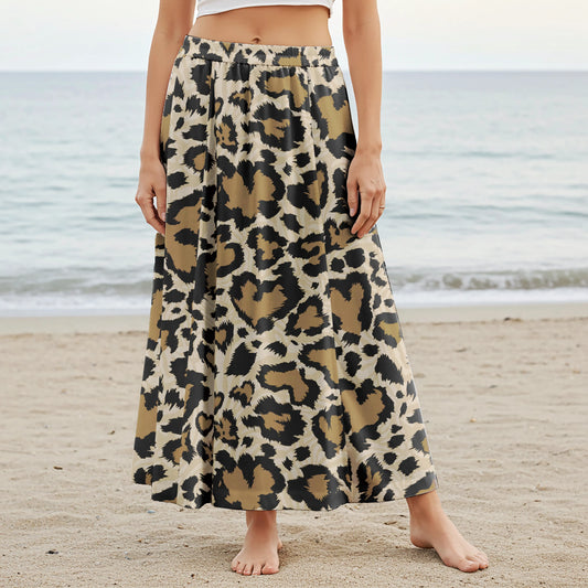 Women Casual Maxi Skirt Long Elastic Waist with Pockets 100% Cotton Black Aloha Leopard Wilderness Whisper