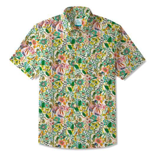 LeosWare® Men's Hawaiian Shirt Short Sleeve Button-up 100% Cotton Green Aloha Artistic Colorful Flower Arrangements