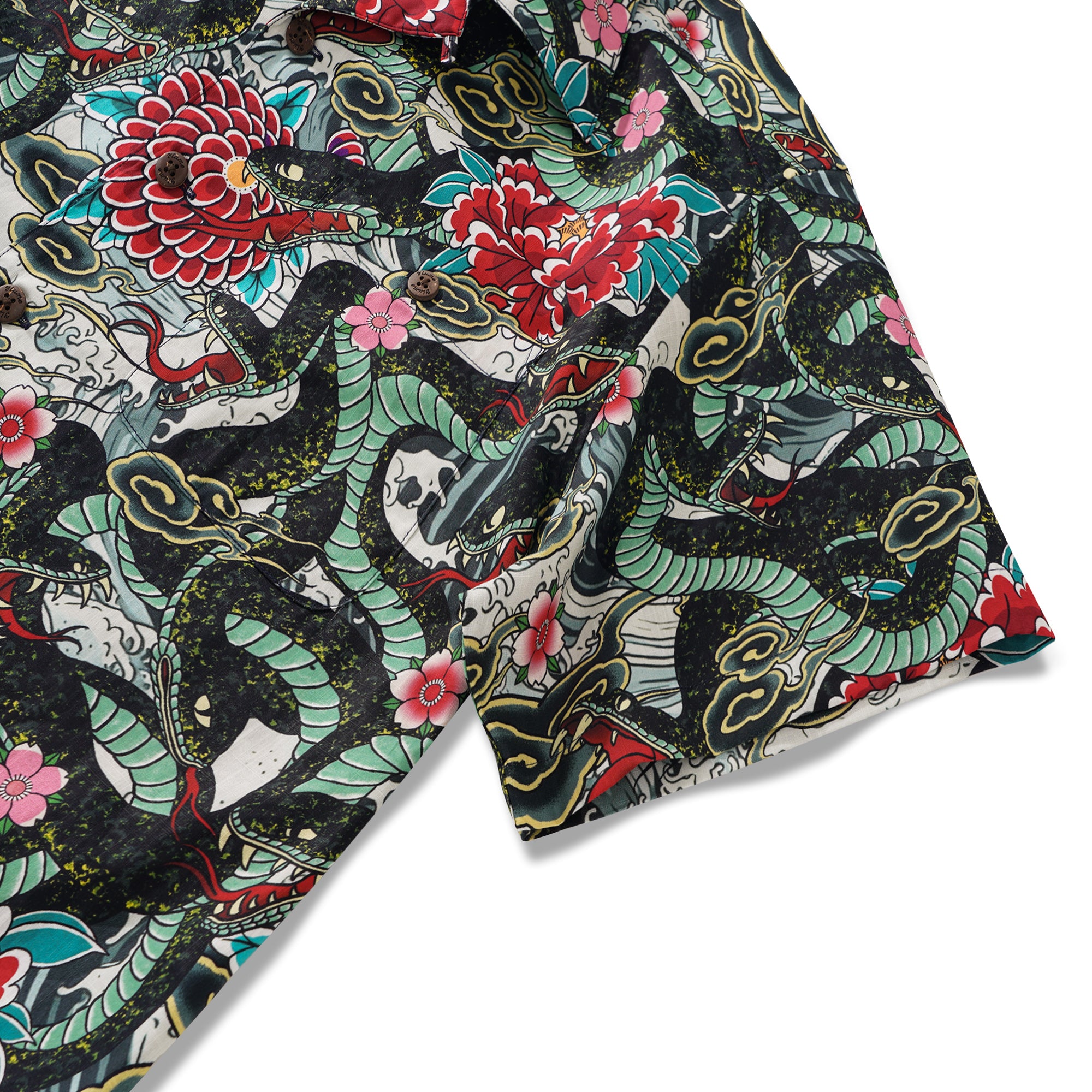 Men's Hawaiian Shirt Short Sleeve Camp Collar 100% Cotton Green Aloha Ocean Serpent Art Print