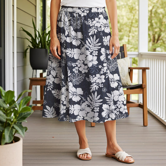 Women Casual Maxi Skirt Long Elastic Waist 100% Cotton Blue Aloha Tropical Hibiscus Charm