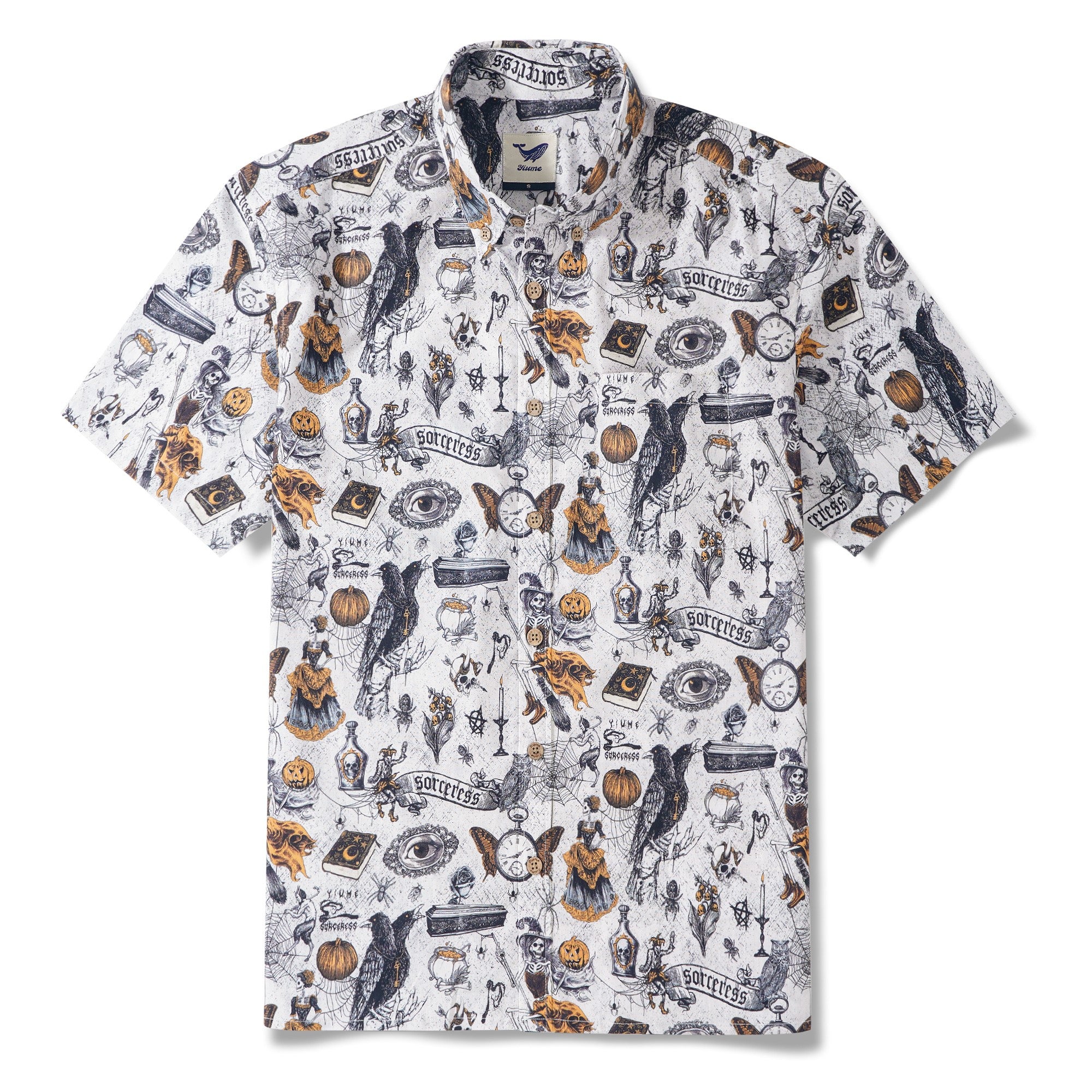 Men's Hawaiian Shirt Short Sleeve Button-down 100% Cotton White Aloha Black Magic