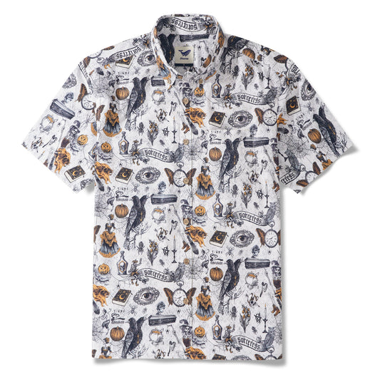 Men's Hawaiian Shirt Short Sleeve Button-down 100% Cotton White Aloha Black Magic