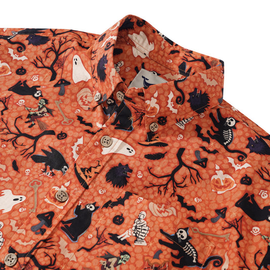 Halloween Hawaiian Shirt For Men Orange Short Sleeve Button-down 100% Cotton Orange Aloha Shirt