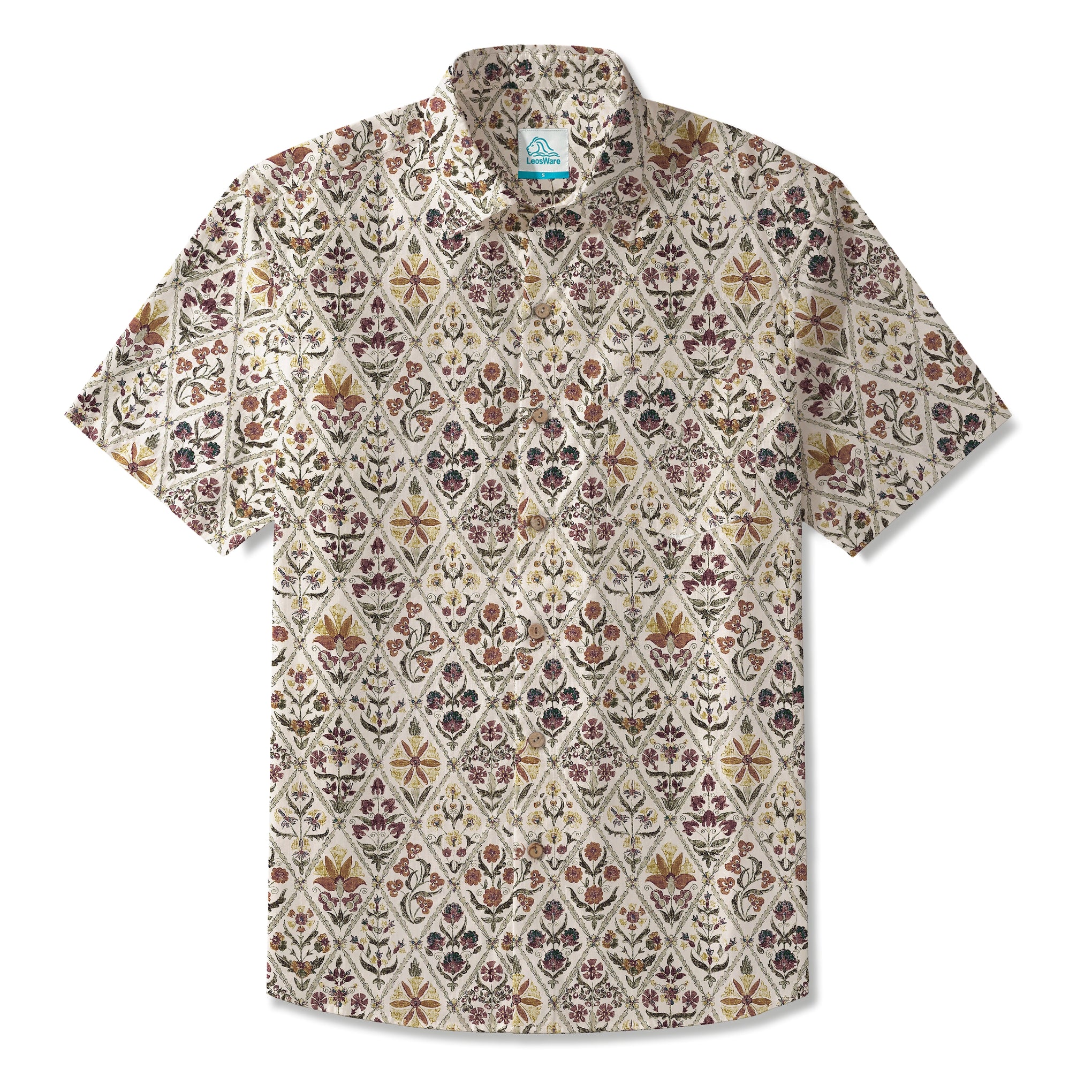 LeosWare® Men's Hawaiian Shirt Short Sleeve Button-up 100% Cotton Beige Aloha Red Linen