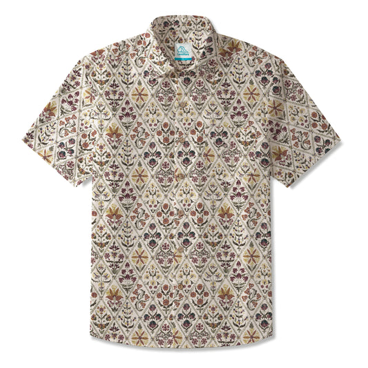 LeosWare® Men's Hawaiian Shirt Short Sleeve Button-up 100% Cotton Beige Aloha Red Linen