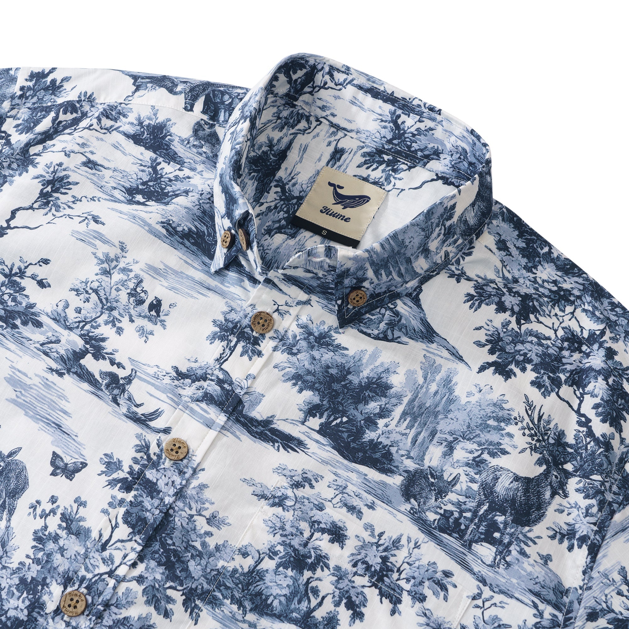 Toile de Jouy Jungle Oasis Shirt 100% Cotton Men's Short Sleeve Button-down Shirt Gray Aloha Hawaiian