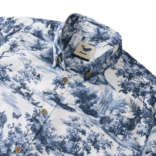 Toile de Jouy Dschungel-Oase Hemd 100% Baumwolle Herren Kurzarm Button-Down Hemd Grau Aloha Hawaiian