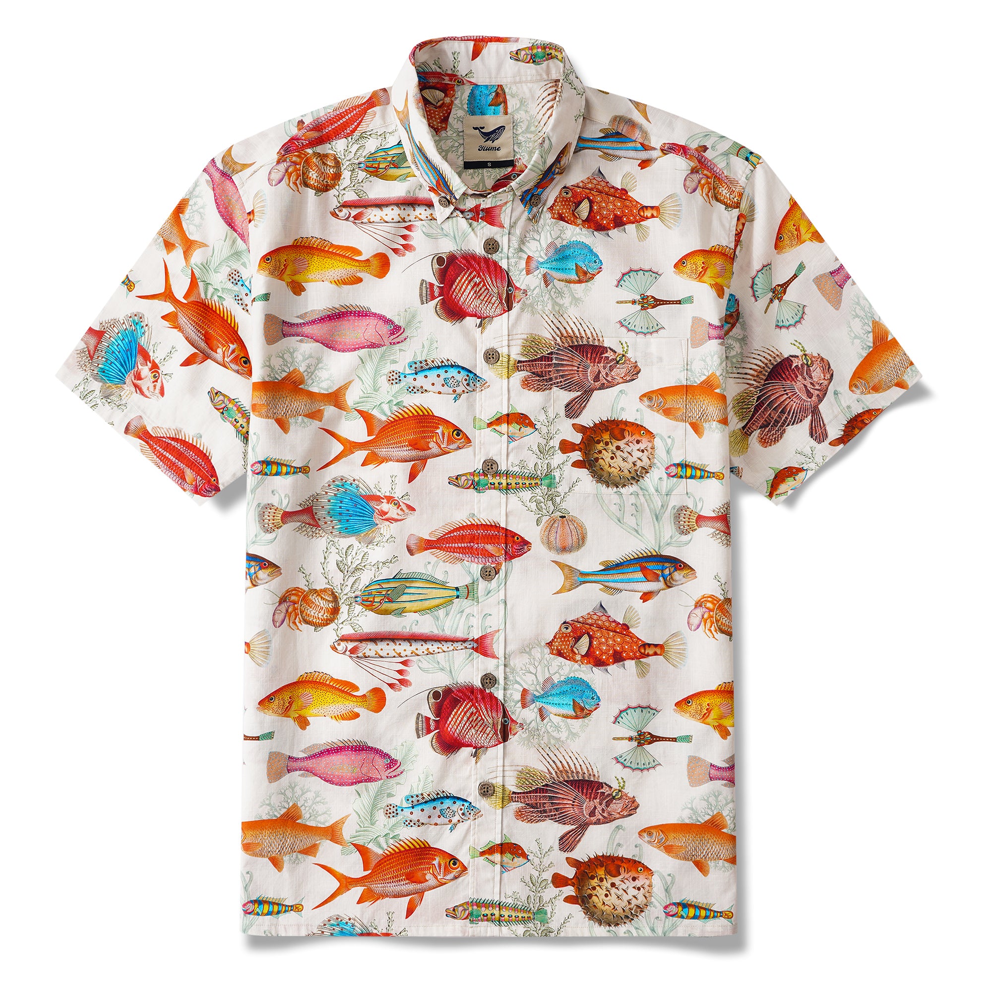 Chemise Yiume pour hommes à motif de poissons tropicaux 100 % coton, chemise hawaïenne à manches courtes, à boutons, couleur beige, chemise Aloha.