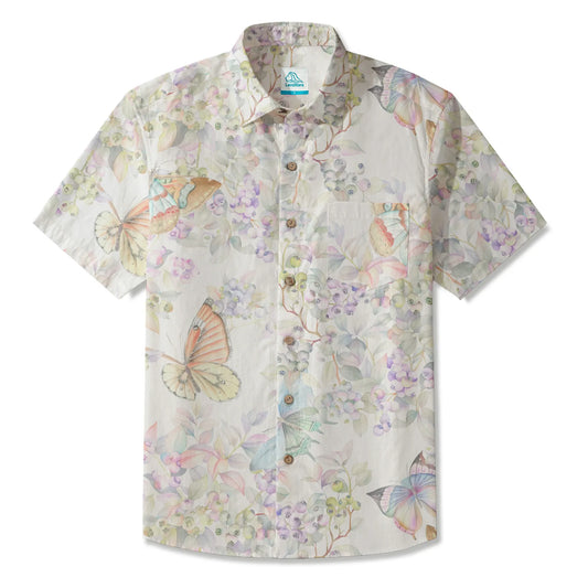 Butterflies & Berry Delight men's Hawaiian shirt, yellow, cotton