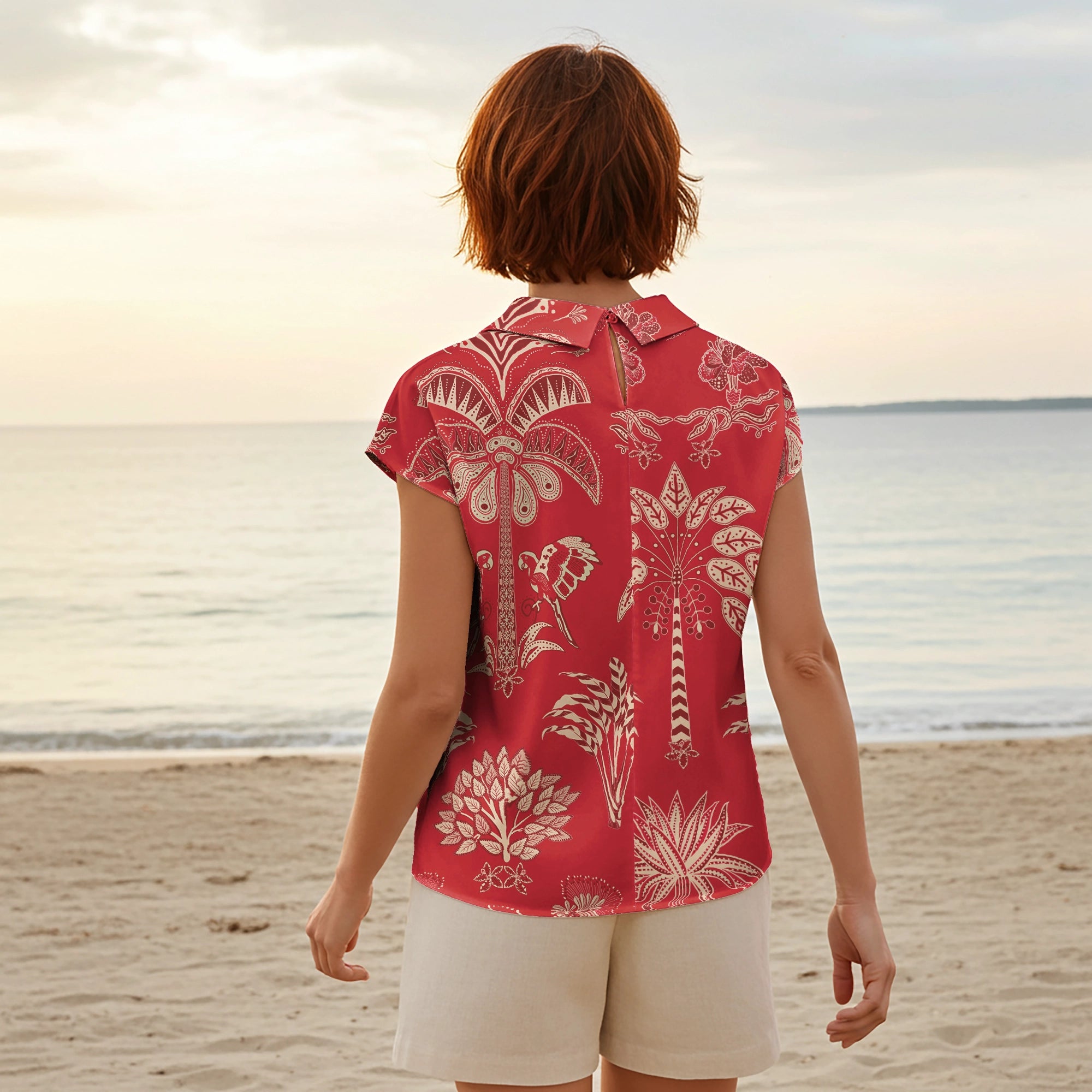Women Casual Blouse Cap Sleeve Fold-Over Neck Button-Back 100% Lyocell Red Aloha Retro Tropical Sparkle