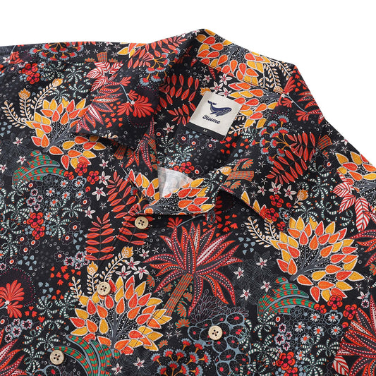 Close-up of quirky plants print on silk Hawaiian shirt