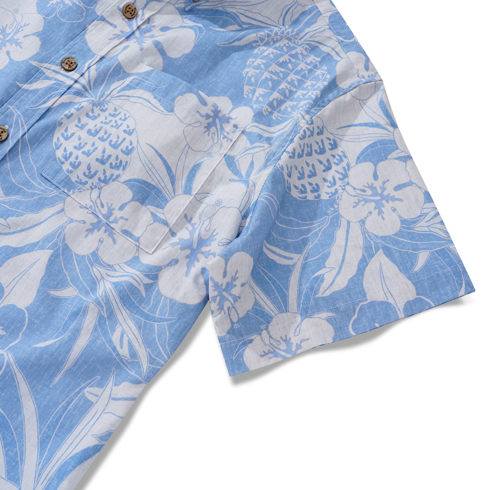 Chemise hawaïenne masculine à manches courtes à manches courtes 100% coton blue ananas et hibiscus hawaïen